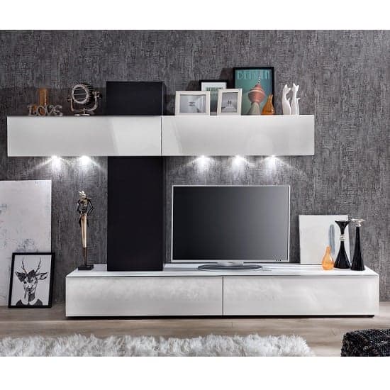 Bremen Living Room Wall Unit In White Gloss And Black With LED_1