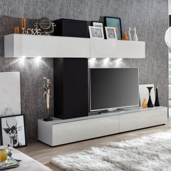 Bremen Living Room Wall Unit In White Gloss And Black With LED_2