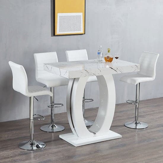 Halo Vida Marble Effect Bar Table With 4 Ripple White Stools