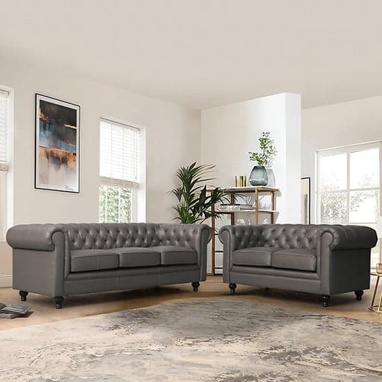 Hertford Faux Leather 3 + 2 Seater Sofa Set In Grey_1