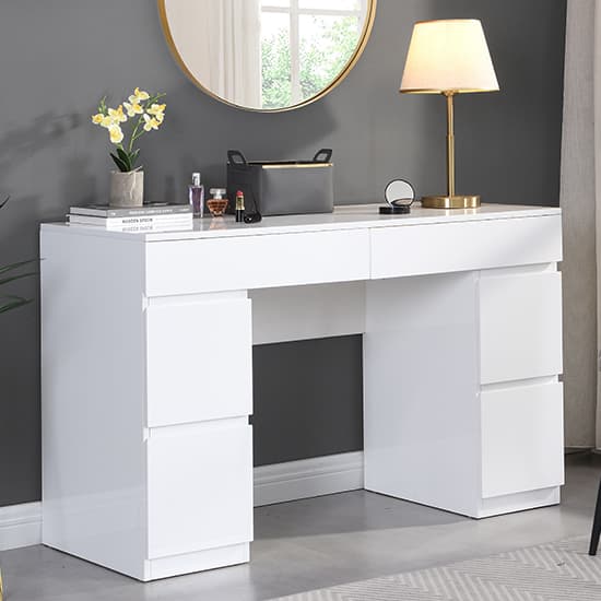 Jenson High Gloss Dressing Table With 6 Drawers In White Furniture in Fashion