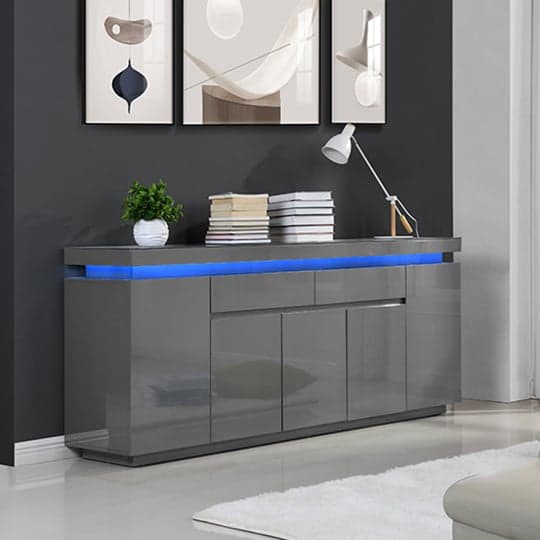 Odessa Grey High Gloss Sideboard With 5 Door 2 Drawer And LED