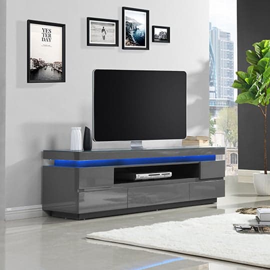 Odessa Grey High Gloss TV Stand With 5 Drawers And LED Lights_1