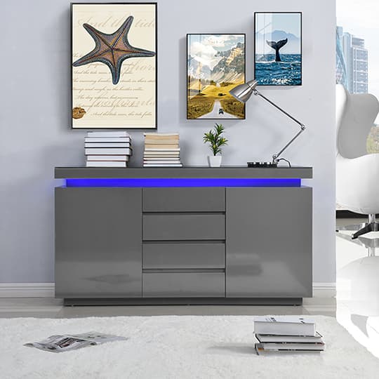 Odessa Grey High Gloss Sideboard With 2 Door 4 Drawer And LED_2