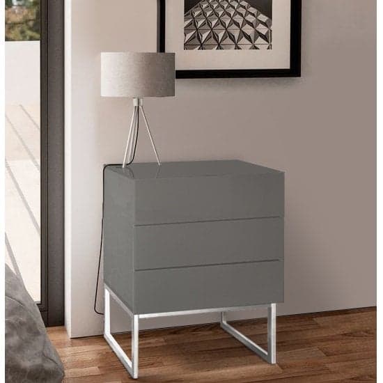 Strada High Gloss Bedside Cabinet With 3 Drawers In Grey