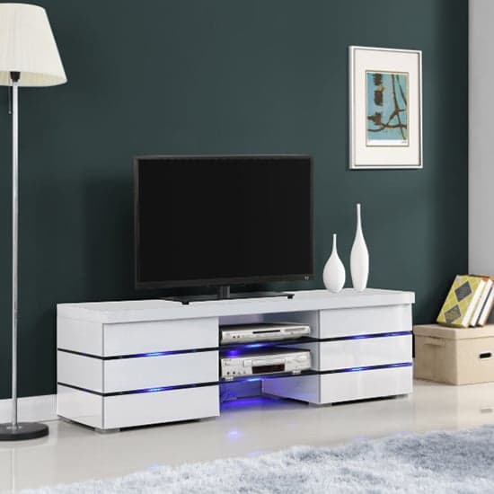 Svenja High Gloss TV Stand In White With Blue LED Lighting_4