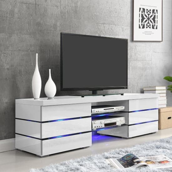 Svenja High Gloss TV Stand In White With Blue LED Lighting_1