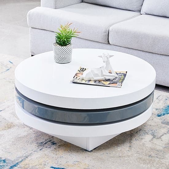 Triplo Round High Gloss Rotating Coffee Table In White And Grey_1