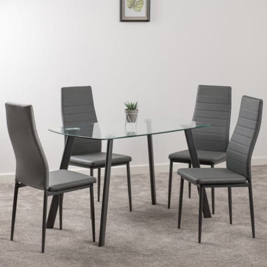 Aadi Clear Glass Dining Table With 4 Grey Leather Chairs_1