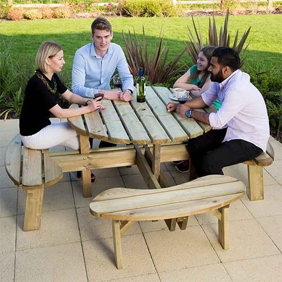 Abbie Scandinavian Pine Picnic Table Round With Benches_4