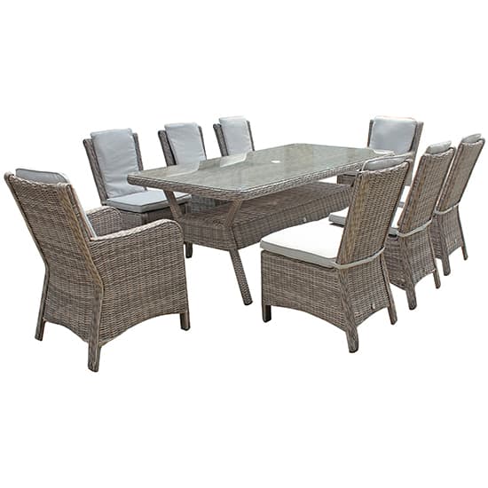 Abobo 200cm Glass Dining Table With 8 Armchairs In Fine Grey_2