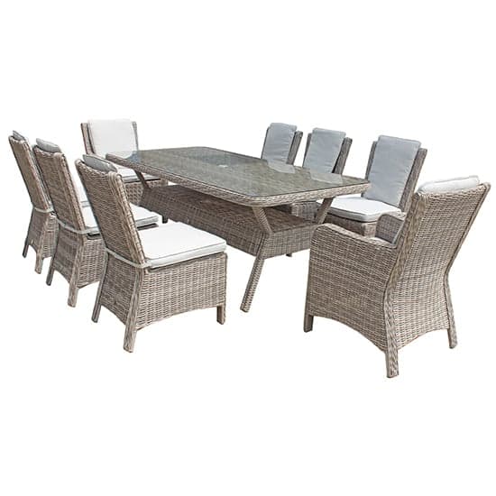 Abobo 200cm Glass Dining Table With 8 Armchairs In Fine Grey_1