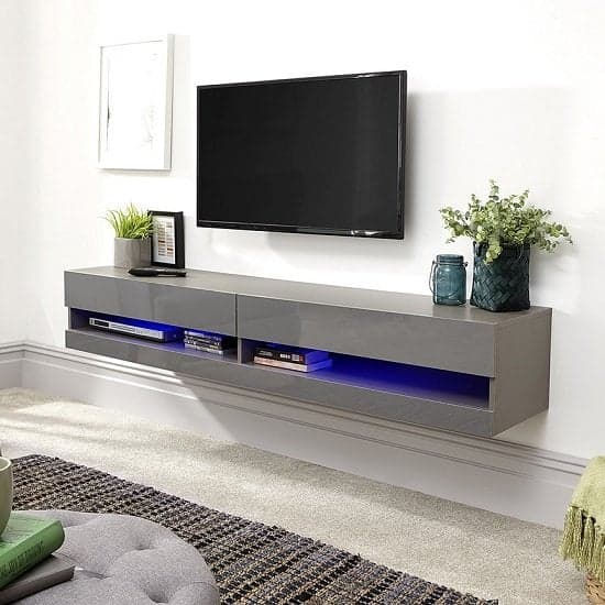 Goole Wall Mounted Large TV Wall Unit In Grey Gloss With LED