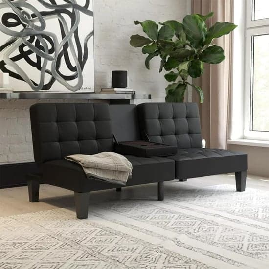 Adel Convertible Futon Faux Leather Sofa Bed In Black_2