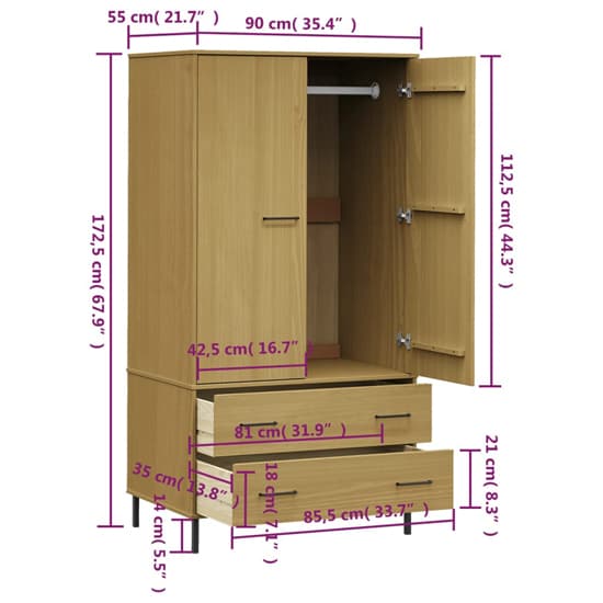 Adica Solid Wood Wardrobe 2 Doors In Brown With Metal Legs_6