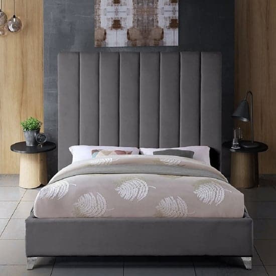 Aerostone Plush Velvet Upholstered Double Bed In Steel_2