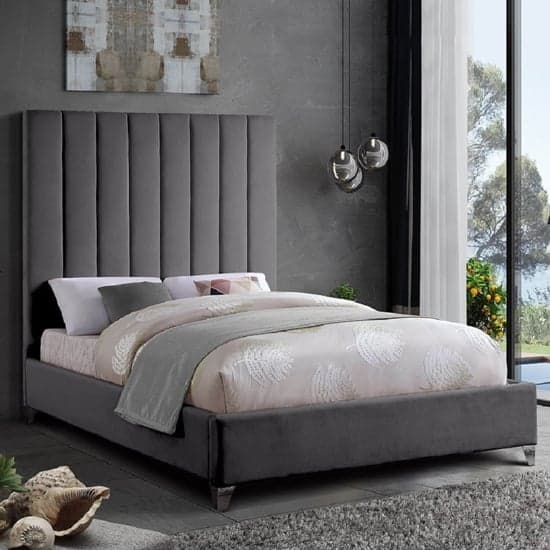 Aerostone Plush Velvet Upholstered Double Bed In Steel_1