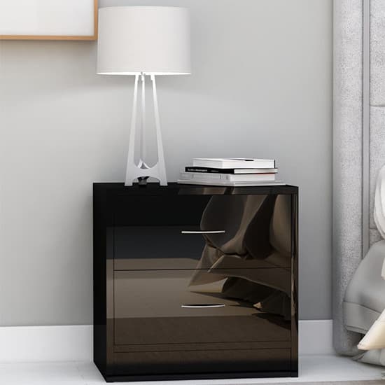 Aimo High Gloss Bedside With 2 Drawers In Black Furniture in