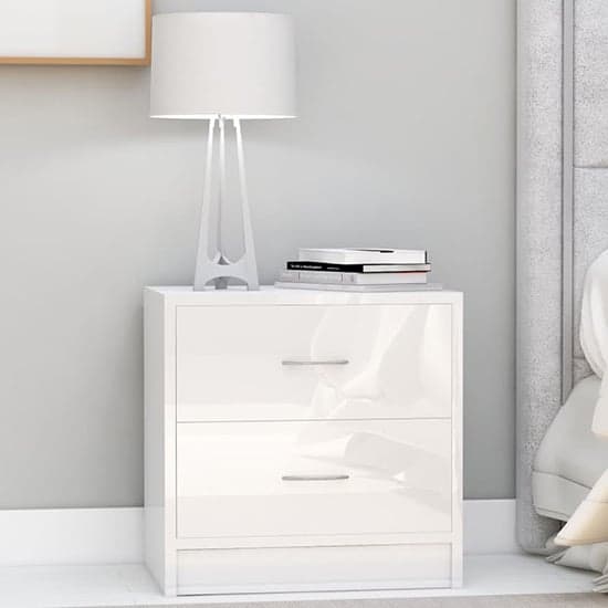 Aimo High Gloss Bedside With 2 Drawers In White Furniture in