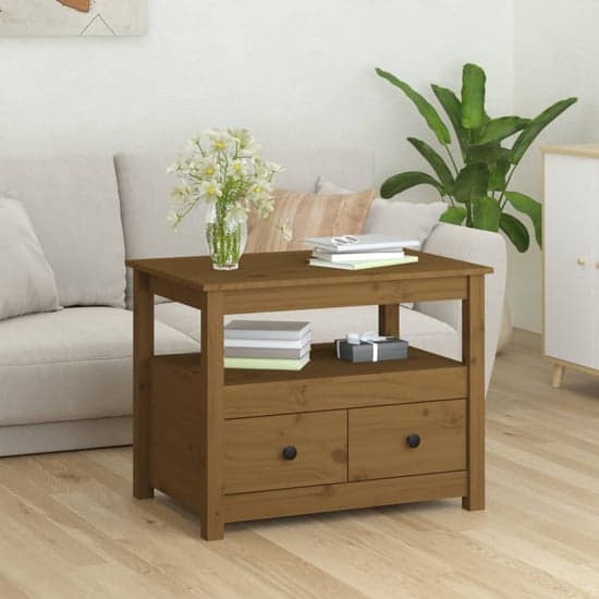 Aitla Pine Wood Coffee Table With 2 Drawer In Honey Brown_1
