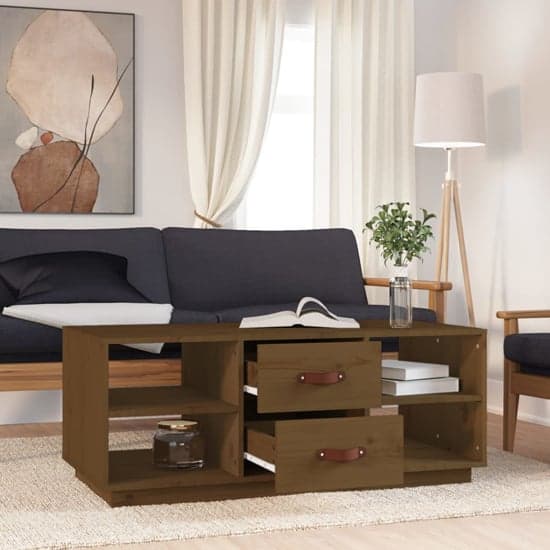 Aivar Pine Wood Coffee Table With 2 Drawer In Honey Brown_2