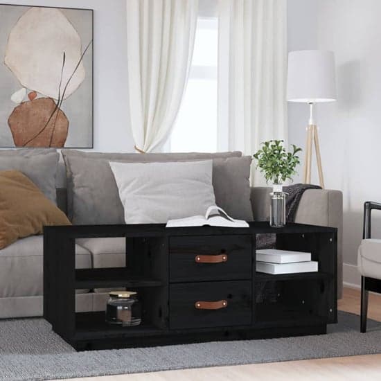 Aivar Pine Wood Coffee Table With 2 Drawers In Black_1