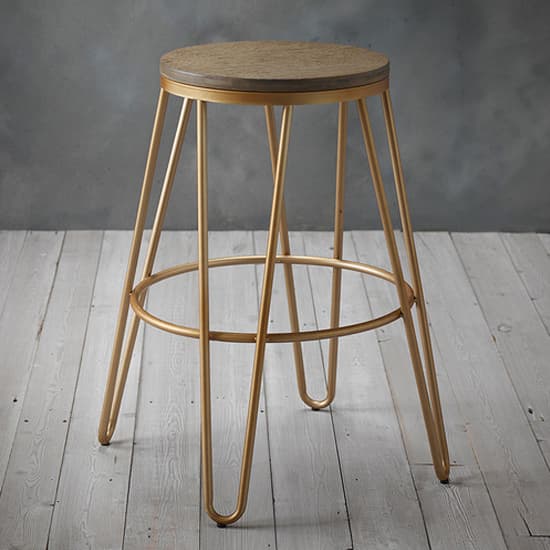 Akan Natural Round Wooden Bar Stool With Gold Frame In Pair_2