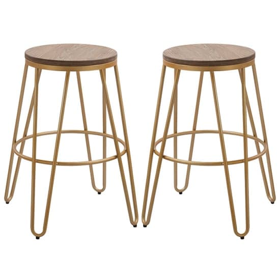 Akan Natural Round Wooden Bar Stool With Gold Frame In Pair