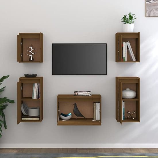 Akiva Wall Hung Solid Pinewood Entertainment Unit In Honey Brown_2