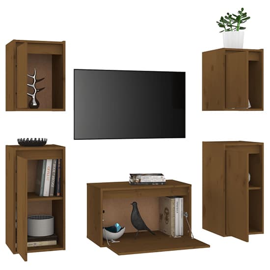 Akiva Wall Hung Solid Pinewood Entertainment Unit In Honey Brown_4