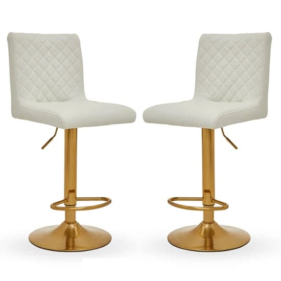Baino White Leather Bar Chairs With Round Gold Base In A Pair_1
