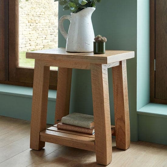 Albas Wooden Lamp Table In Planked Solid Oak With Shelf_1
