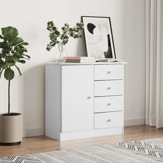 Albi Solid Pinewood Sideboard With 1 Door 4 Drawers In White_1