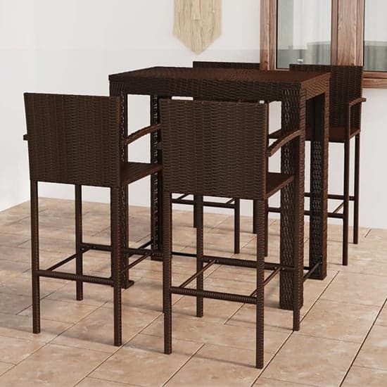 Aleka Outdoor Poly Rattan Bar Table With 4 Stools In Brown_1