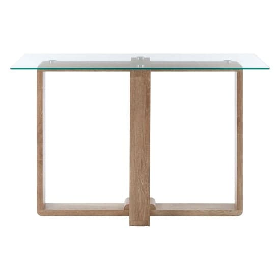 Alfratos Clear Glass Top Console Table With Natural Wooden Base_2