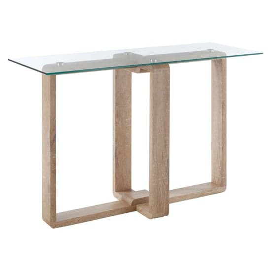 Alfratos Clear Glass Top Console Table With Natural Wooden Base_1