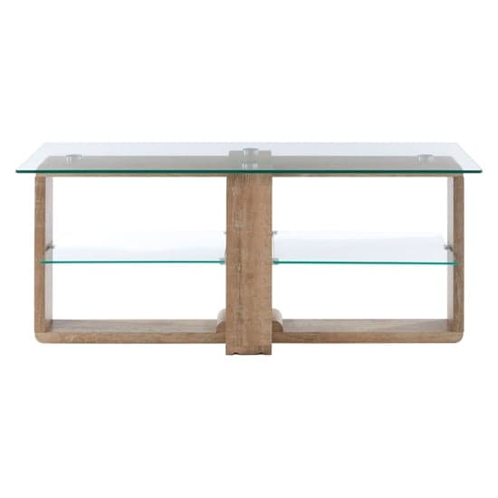 Alfratos Clear Glass Top TV Stand With Natural Wooden Base_2