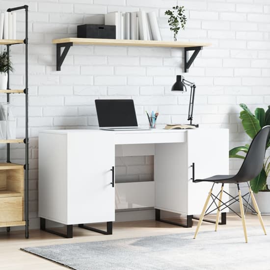 Alivia High Gloss Computer Desk With 2 Doors In White_1