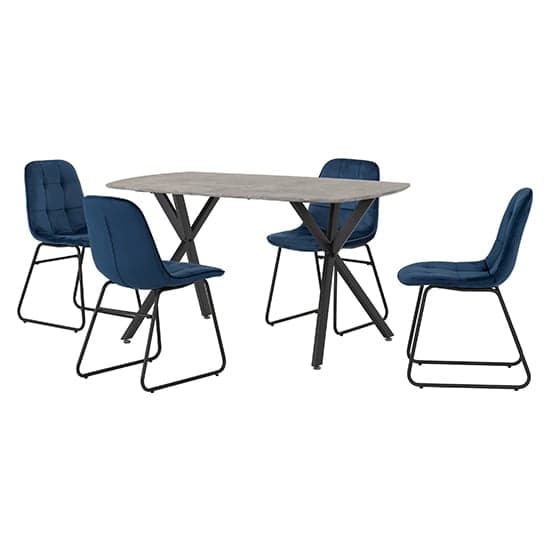 Alsip Dining Table In Concrete Effect With 4 Lyster Blue Chairs_1
