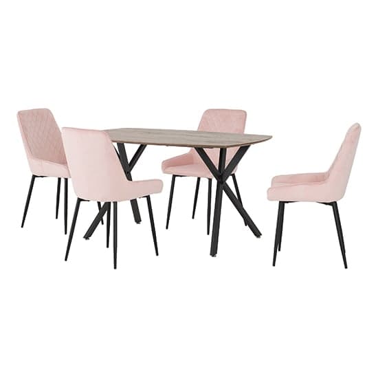 Alsip Dining Table In Medium Oak Effect With 4 Avah Pink Chairs_1