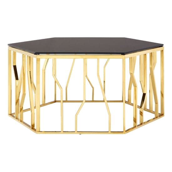 Alvara Hexagonal Black Glass Top Coffee Table With Gold Frame_1