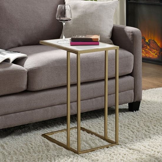 Amber Wooden End Table In White Marble Effect With Gold Frame_1
