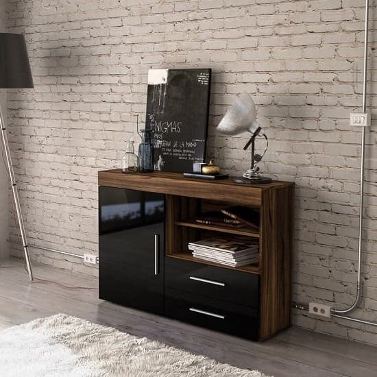Amerax Wooden Sideboard In Walnut And Black Gloss With 1 Door