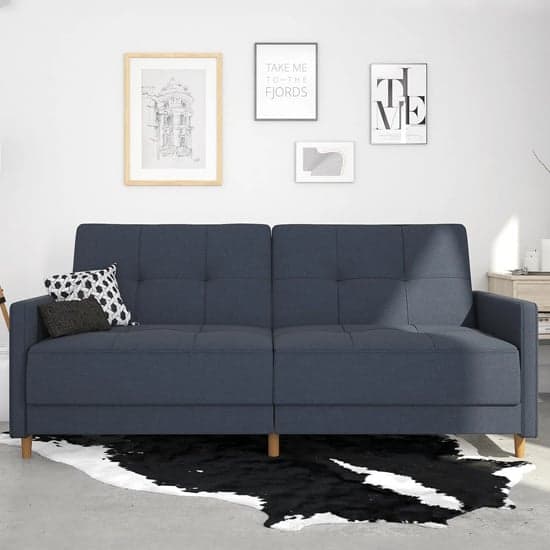 Andorra Linen Fabric Sofa Bed With Wooden Legs In Navy Blue_2