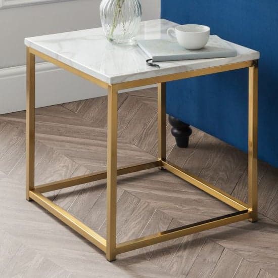 Sable Gloss White Marble Effect Lamp Table With Gold Frame_1