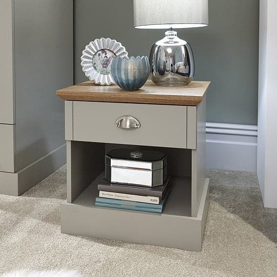 Kirkby Bedside Table In Soft Grey With Oak Effect Top Furniture in