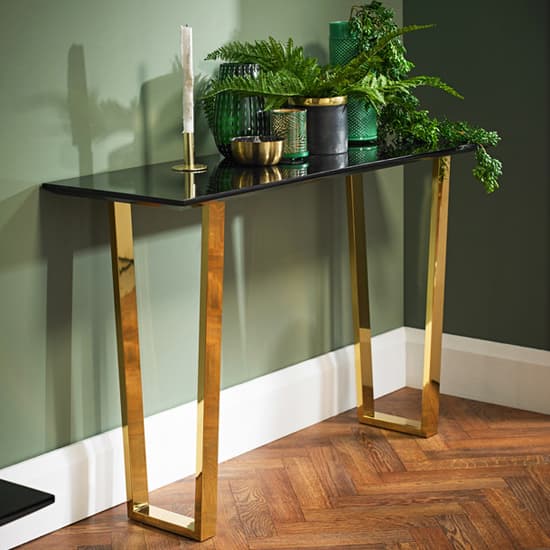 Antebi High Gloss Console Table With Gold Legs In Black Furniture in