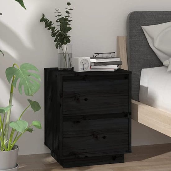 Aoife Pine Wood Bedside Cabinet With 2 Drawers In Black_1