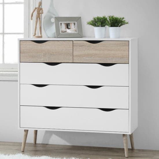 Appleton Wooden Chest Of 5 Drawers In White And Oak Effect_1