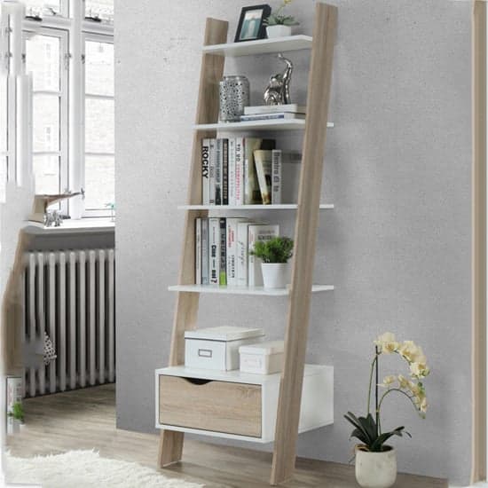 Appleton Wooden Ladder Bookcase In White And Oak Effect_1